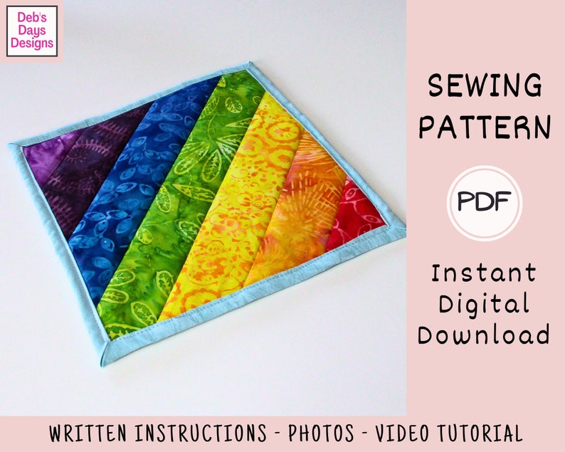 Rainbow Potholder PDF SEWING PATTERN, Digital Download, How to Sew a Handmade Scrap Fabric Hot Pad, Easy Quilted Trivet for Kitchen Tutorial image 3