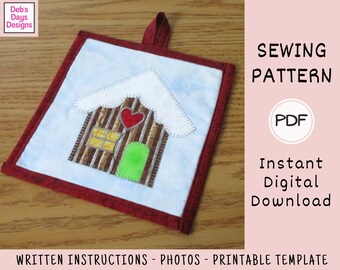 Gingerbread House Potholder PDF Sewing PATTERN, Digital Download, DIY Appliquéd Hot Pad, Fabric Trivet, Quilted Christmas Kitchen Project