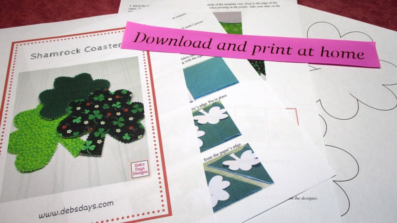 Easy St. Patrick's Day Coasters PDF SEWING PATTERN, Digital Download, How to Make Handmade Shamrock Fabric Drink Coaster Set, Fast Tutorial Bild 2