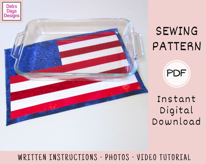 Quilted American Flag Hot Pad PDF SEWING PATTERN, Digital Download, How to Sew Fabric Strips for Extra Large Casserole Dishes Glass Pans image 3