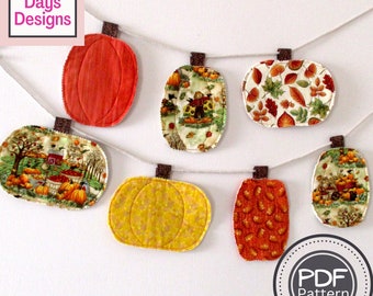 Pumpkin Garland PDF SEWING PATTERN, Digital Download, How to Make a Quilted Fabric Fall Bunting, Autumn Holiday Hanging Banner Tutorial