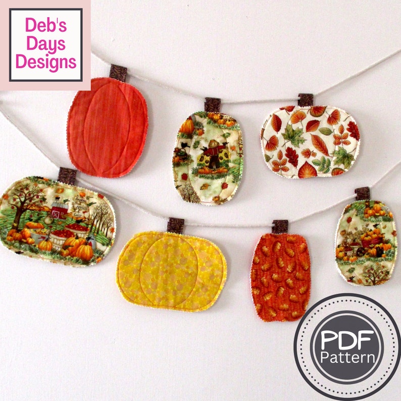 Pumpkin Garland PDF SEWING PATTERN, Digital Download, How to Make a Quilted Fabric Fall Bunting, Autumn Holiday Hanging Banner Tutorial image 1