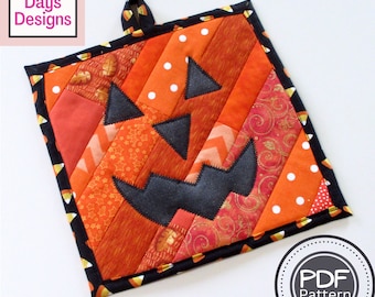 Halloween Jack-O'-Lantern Potholder PDF SEWING PATTERN, Digital Download, How to Sew a Handmade Quilted Fabric Strip Hot Pad, Cotton Trivet