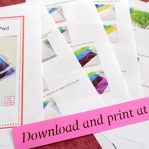 May include: A set of printable instructions for making a rainbow hot pad. The instructions include photos and text. The text on the pink paper reads "Download and print at home".