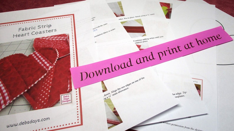 Scrappy Heart Coasters PDF SEWING PATTERN, Digital Download, How to Sew Quilted Fabric Valentine's Day Drink Coaster Set image 2