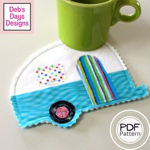 Retro Camper Mug Rug PDF SEWING PATTERN, Digital Download, How to Make a Handmade Vintage Style Fabric Camp Trailer, Quilted Cloth Coaster