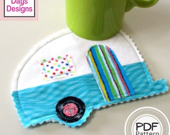 Retro Camper Mug Rug PDF SEWING PATTERN, Digital Download, How to Make a Handmade Vintage Style Fabric Camp Trailer, Quilted Cloth Coaster