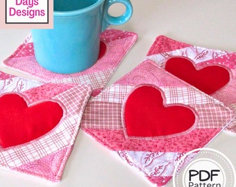 Valentine's Day Coaster Set PDF SEWING PATTERN, Digital Download, How to Make Quilted Heart Drink Coasters, Simple Scrap Fabric Project