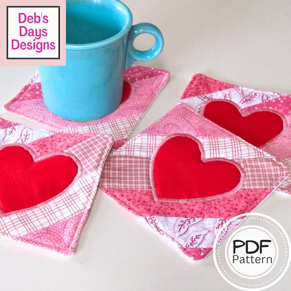 Valentine's Day Coaster Set PDF SEWING PATTERN, Digital Download, How to Make Quilted Heart Drink Coasters, Simple Scrap Fabric Project