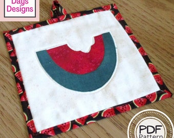 Watermelon Potholder PDF SEWING PATTERN, Digital Download, How to Make a Handmade Fabric Melon Hot Pad, Quilted Kitchen Project Tutorial