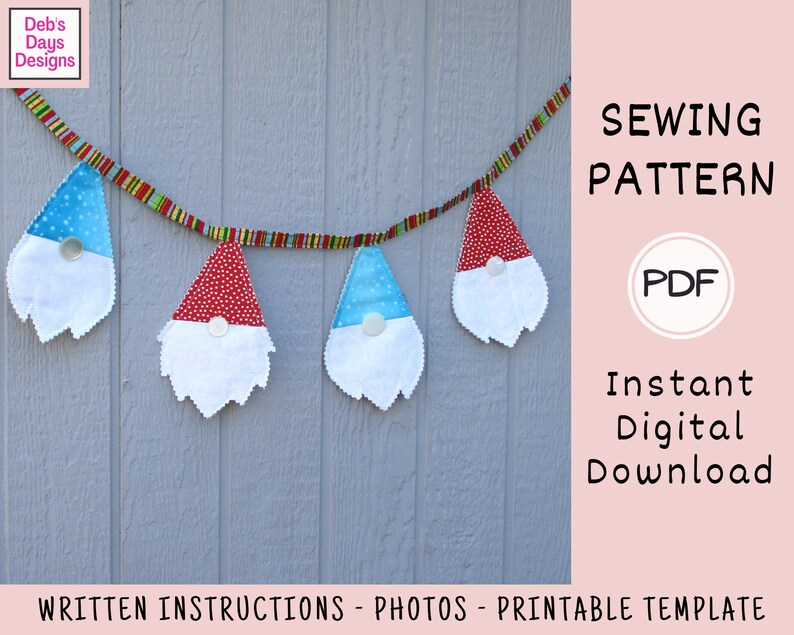 May include: A sewing pattern for a gnome garland. The pattern includes written instructions, photos, and a printable template. The garland is made of felt and features gnomes with red and blue hats.