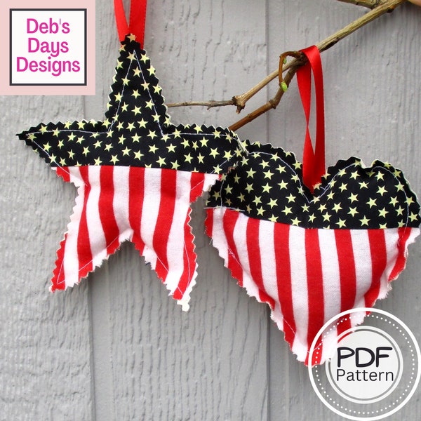 Americana Ornaments PDF SEWING PATTERN, Digital Download, How to Make Handmade Patriotic Fabric Christmas Tree Hearts and Stars, 4th of July