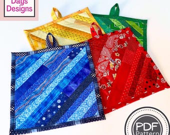 Strip Potholder PDF SEWING PATTERN, Digital Download, How to Sew a Handmade Scrap Fabric Hot Pad, Quilted Trivet Tutorial