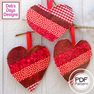 Scrappy Heart Ornaments PDF SEWING PATTERN, Digital Download, How to Sew Handmade Quilted Fabric Christmas Tree Decorations, Easy Tutorial