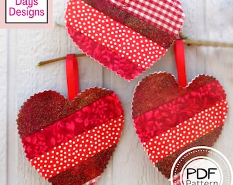 Scrappy Heart Ornaments PDF SEWING PATTERN, Digital Download, How to Sew Handmade Quilted Fabric Christmas Tree Decorations, Easy Tutorial