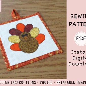 Thanksgiving Potholder PDF SEWING PATTERN, Digital Download, How to Make an Appliquéd Turkey Hot Pad, Quilted Fabric Holiday Trivet Tutorial image 3