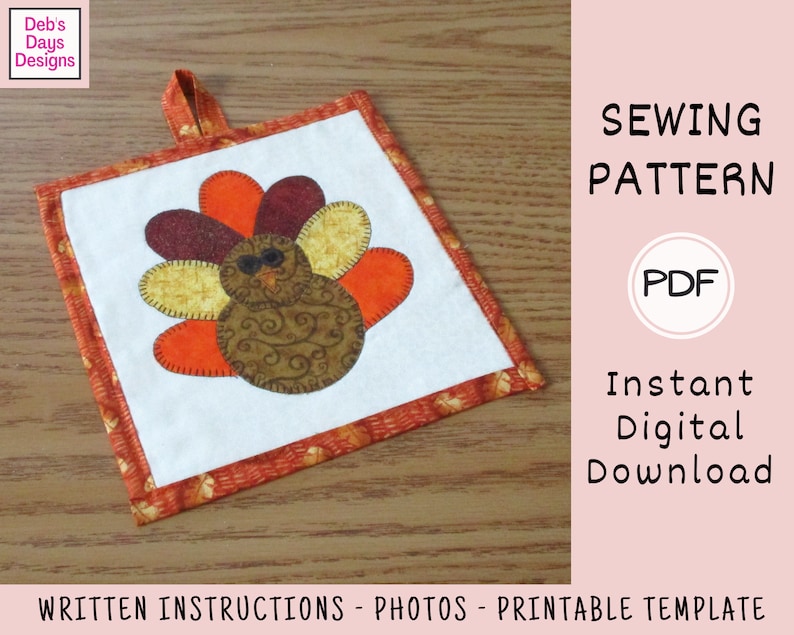 Thanksgiving Potholder PDF SEWING PATTERN, Digital Download, How to Make an Appliquéd Turkey Hot Pad, Quilted Fabric Holiday Trivet Tutorial image 3