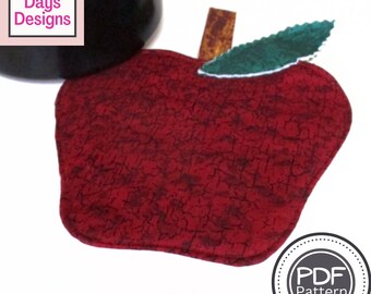 Apple Potholder PDF SEWING PATTERN, Digital Download, Learn How to Sew a Fall Kitchen Quilted Hot Pad, Handmade Cotton Trivet Tutorial