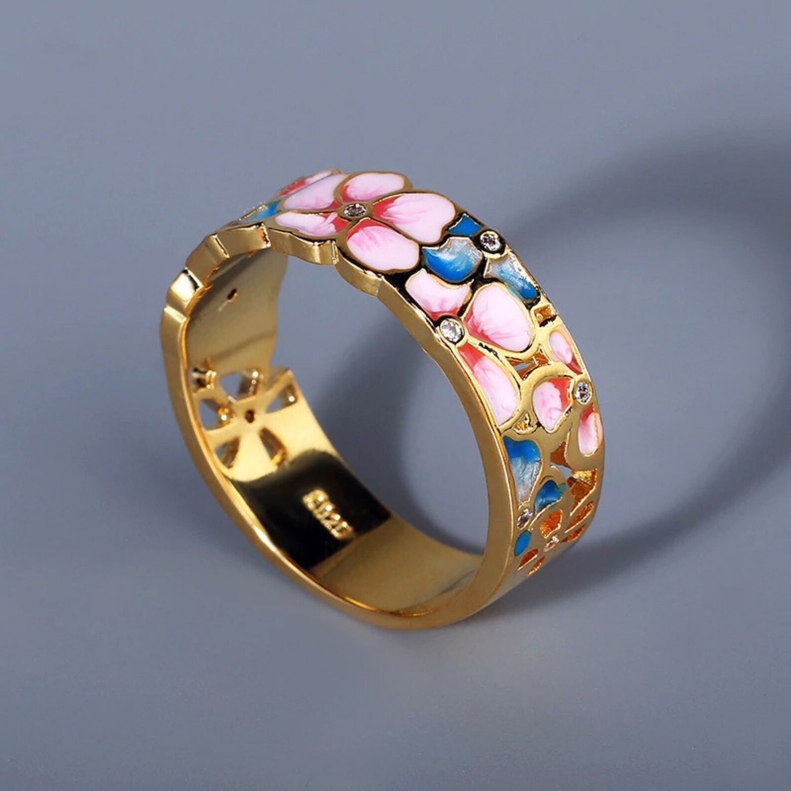 Enamel Handmade 925 Silver Enamel Ring Elegant Flower Pink Etsy