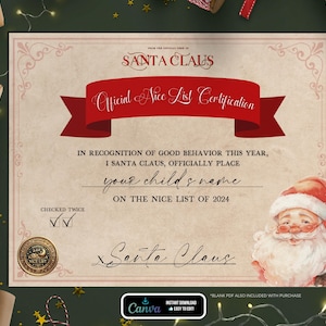 Certificato ufficiale della lista dei buoni di Babbo Natale - Modello Canva personalizzabile e PDF vuoto - Download immediato per la stampa a casa