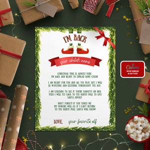 Carta de bienvenida personalizable para elfos: "Estoy de vuelta" - Descarga instantánea en PDF con plantilla editable de Canva