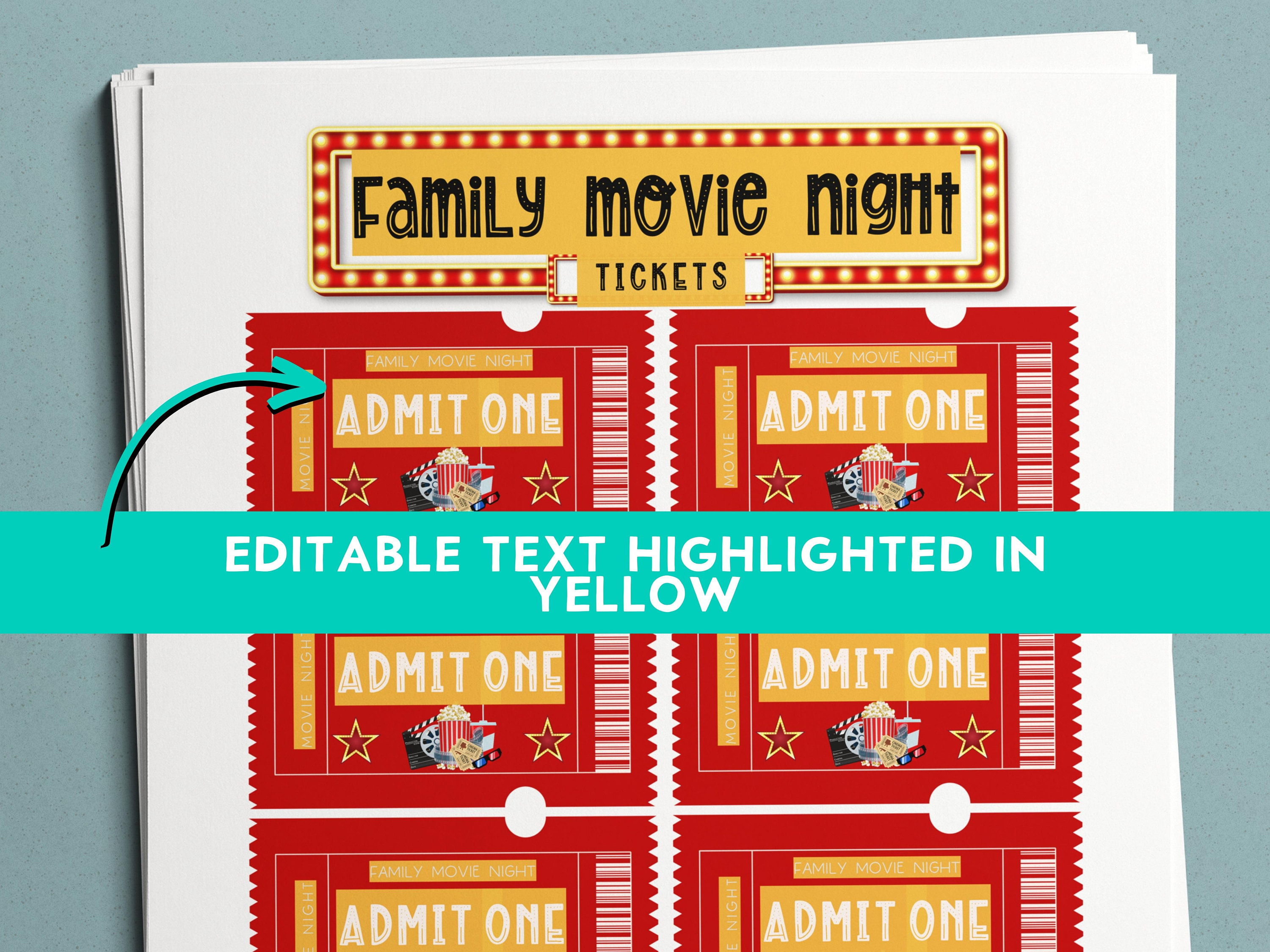 Printable Movie Night Admission Tickets, Movie Night Party, Family ...