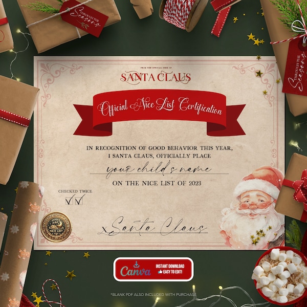 Official Santa's Nice List Certificate - Customizable Canva Template & Blank PDF - Instant Download for Home Printing