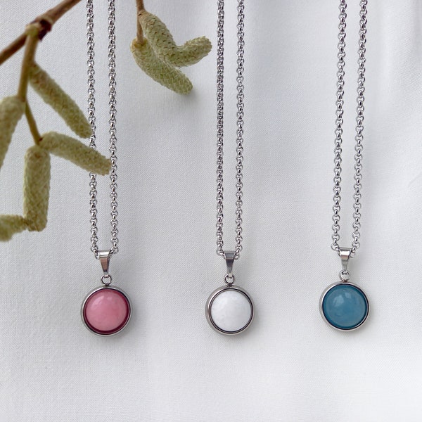 DOT necklace with jade pendant // blue, pink, or white with stainless steel / unique design jewelry