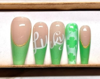 Lucky St Patricks Day Press on Nails/Gel Nails/Nails for St Patricks Day/Fake Nails/Coffin Nails/French Nails