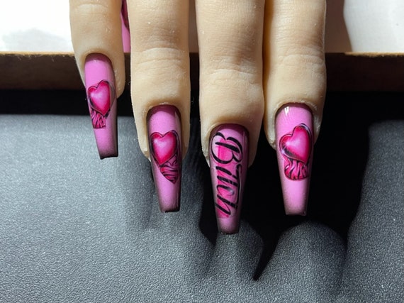 Pink Airbrush 90s Handmade Press on Nails Hand Painted Valentine Nail  Designs Custom Nails Made in the UK 