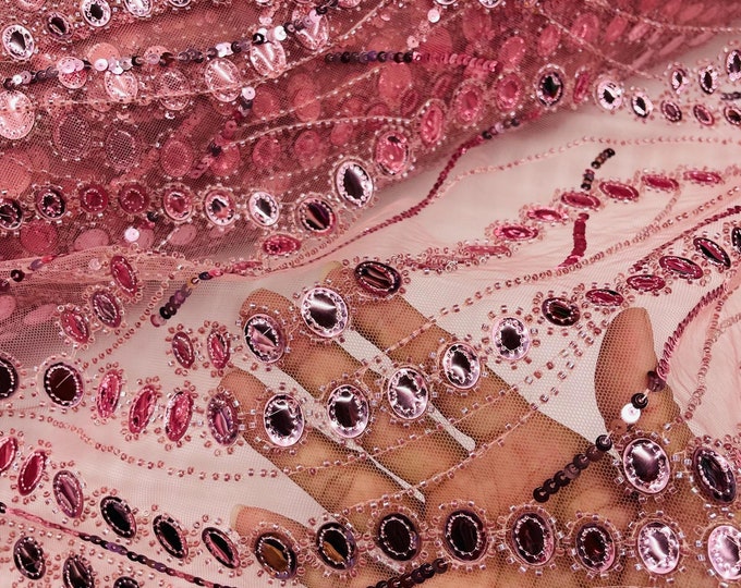 Dusty Rose Embroidered Sequin Beaded Fabric By The Yard, Fashion Design Beaded Sequins on a Mesh For Wedding/Bridal/Prom