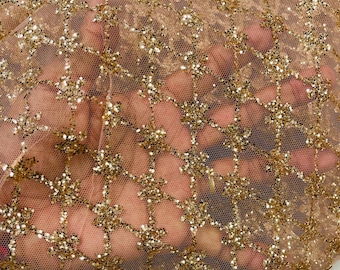 Skin Gold Glitter on Mesh Lace Fabric By The Yard for Wedding Decor - Geometric Glitter Fabric Bridal/Prom - Shimmer - Luxury Sparkle