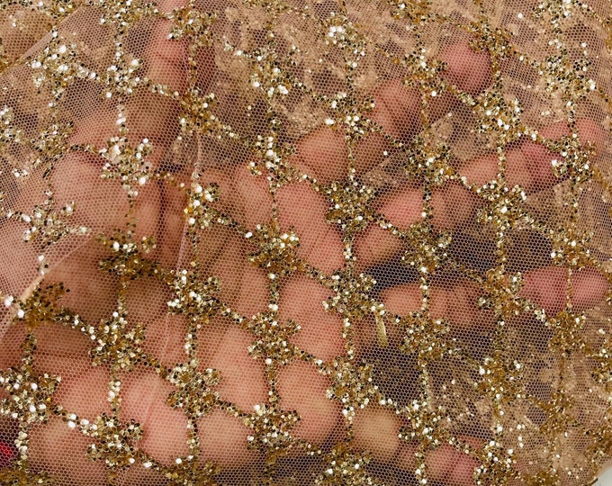 Skin Gold Glitter on Mesh Lace Fabric By The Yard for Wedding Decor - Geometric Glitter Fabric Bridal/Prom - Shimmer - Luxury Sparkle