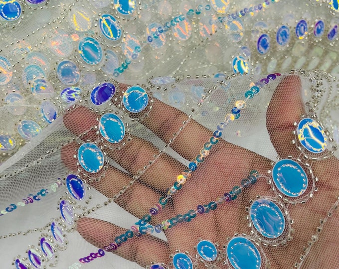 Aqua Iridescent Embroidered Sequin Beaded Fabric By The Yard, Fashion Design Beaded Sequins on a Mesh For Wedding/Bridal/Prom