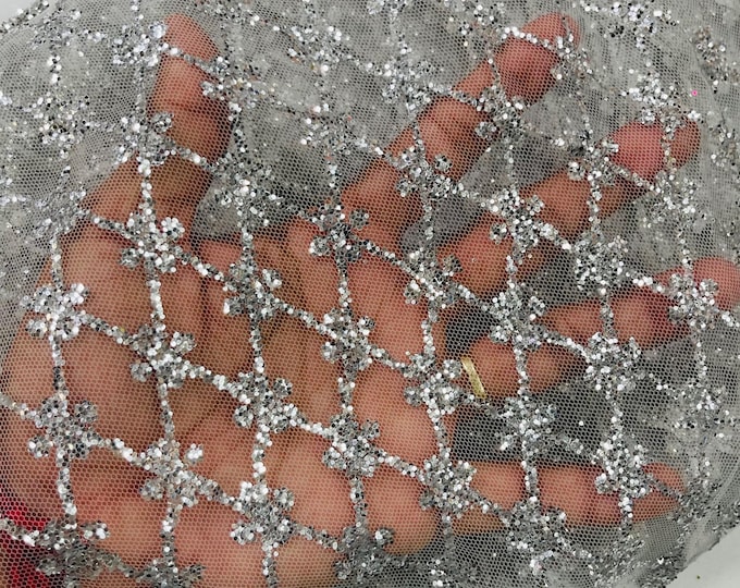 Silver Glitter on Mesh Lace Fabric By The Yard for Wedding Decor - Geometric Glitter Fabric Bridal/Prom - Shimmer - Luxury Sparkle