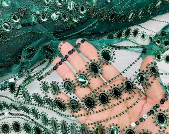 Hunter Green Embroidered Sequin Beaded Fabric By The Yard, Fashion Design Beaded Sequins on a Mesh For Wedding/Bridal/Prom