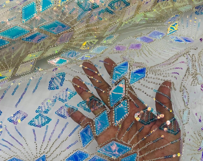 Aqua Iridescent Sequins, Embroidered Sequin Beaded Fabric By The Yard, Geometric Design Beaded Sequins on a Mesh For Wedding/Bridal/Prom