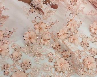 Blush Chiffon 3D Flower Lace Fabric, Beaded Mesh, Bridal Wedding Dress