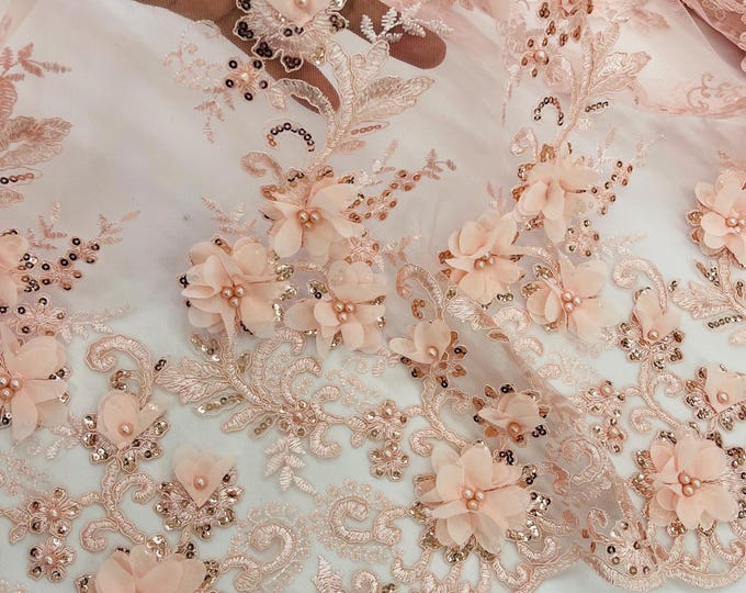 Blush 3D Chiffon Flower Beads and Sequins, 3D Lace Beaded Fabric Embroidered on a Mesh Lace,Wedding,Bridal,Dress Sold By The Yard