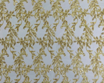 Gold Metallic Thread Leaf Design Embroidered With Sequins on a Mesh Lace Fabric, Floral Corded Bridal Lace Wedding Dress by the Yard
