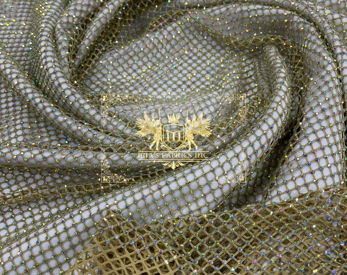 Iridescent Rhinestones Fabric On Gold Stretch Net Fabric, Spandex Fish Net with Crystal Stones sold by the yard