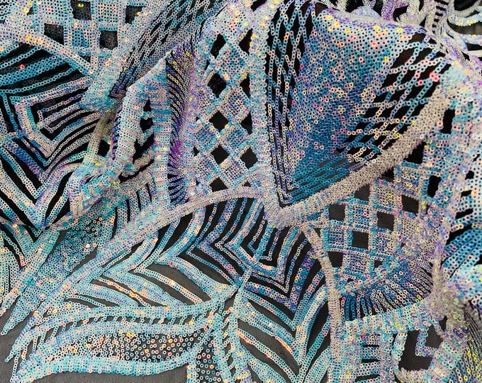 Aqua Iridescent Sequins Fabric on Black Mesh, Royalty Design on a Mesh 4way Stretch Sequin-Prom-Gown By The Yard