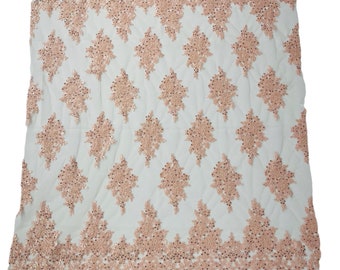 Blush Pink Beaded Lace Fabric: Embroidered Sequins Bridal Wedding