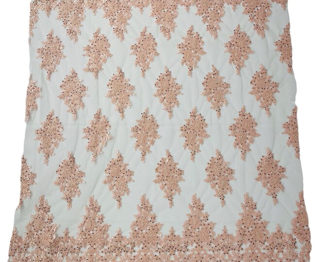 Blush Pink Flower Beaded Fabric by the yard - Embroidered Beaded With Sequins Wedding Bridal Fabric | Lace Beaded