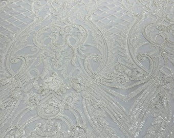 White Sequin Damask Lace Fabric: 4-Way Stretch Mesh, Prom Gown Material