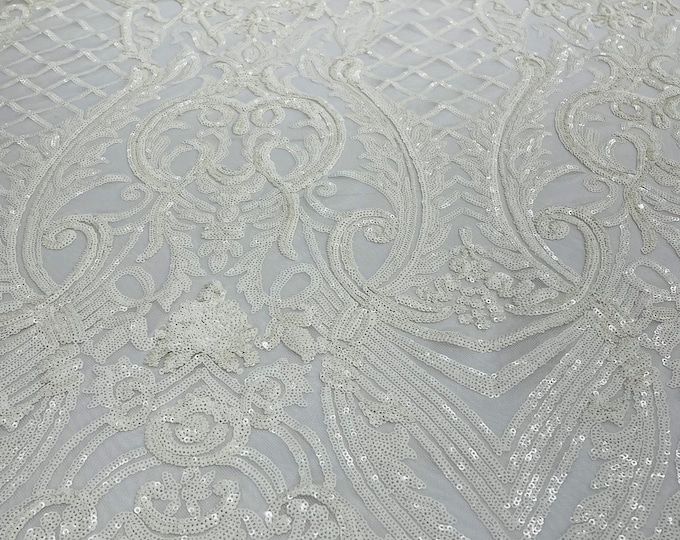 White Sequin Damask Selena Design on a 4 Way Stretch Sequin Lace Mesh Fabric - Prom Gala Gown Fabric By Yard