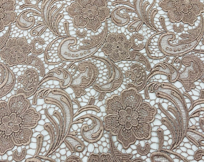 Mia Fabrics Inc, Coffee Guipure Lace Fabric Floral Bridal Lace Guipure Wedding Dress by the Yard (Pick a Size)