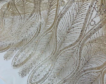 Champagne Glitter Sequin on Mesh Lace Fabric By The Yard for Wedding Decor, Damask Glitter Sequin Fabric Bridal/Prom, Shimmer Glitter