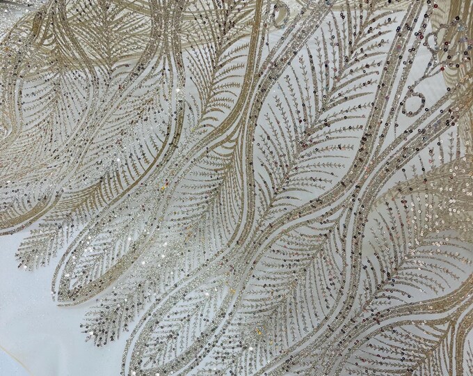 Champagne Glitter Sequin on Mesh Lace Fabric By The Yard for Wedding Decor, Damask Glitter Sequin Fabric Bridal/Prom, Shimmer Glitter