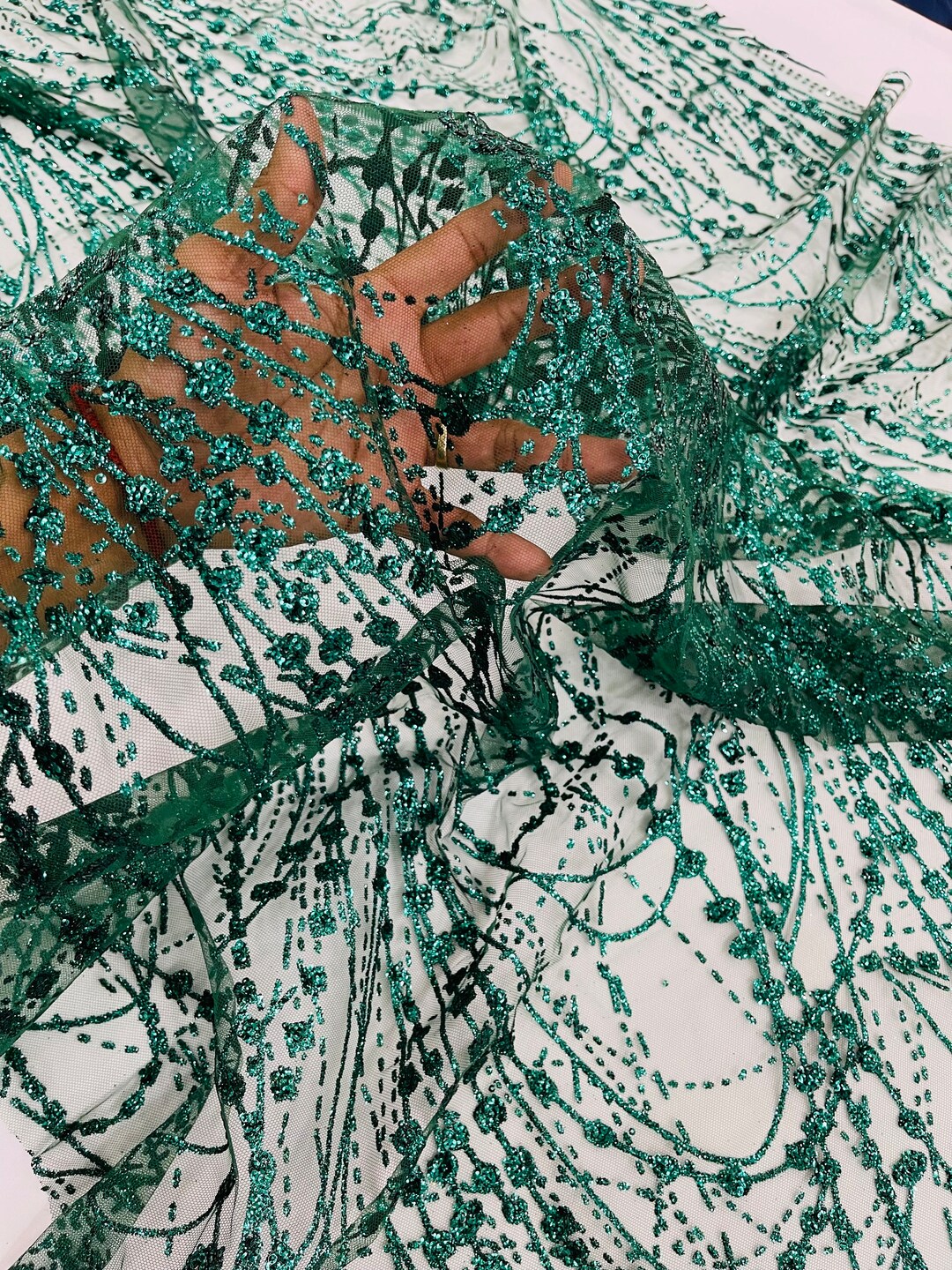 Hunter Green Glitter on Mesh Lace Fabric by the Yard for Wedding Decor ...